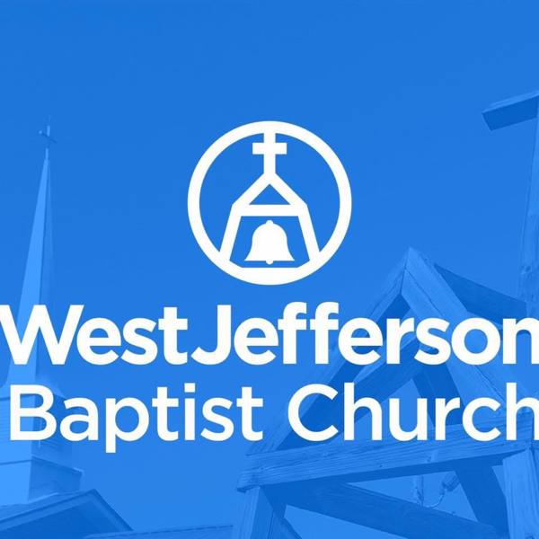 West Jefferson Baptist Church — white church bell and cross logo on a blue background